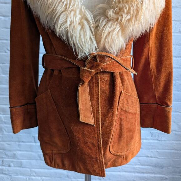 Vintage Orange Suede Penny Lane Jacket Groovy Furry Genuine Leather Trench Coat - Picture 5 of 9